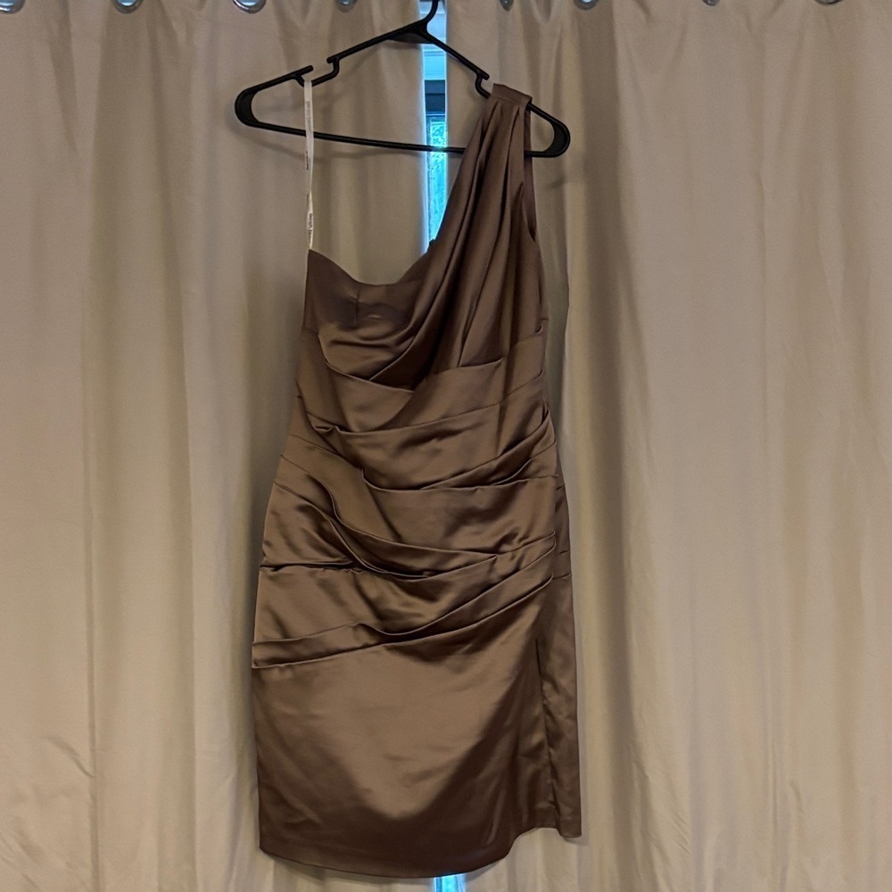 David's Bridal One-Shoulder Satin Dress champagne colored with matching sash